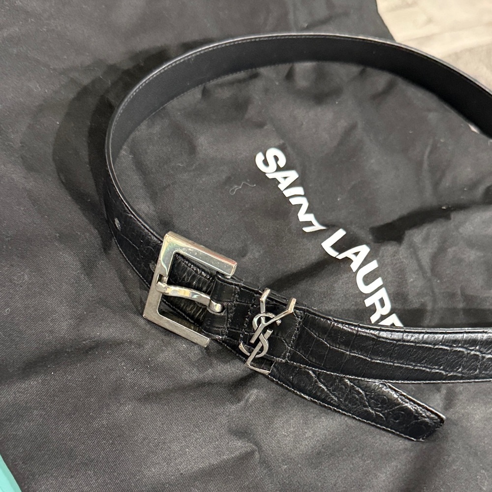 Saint Laurent Black Croc-Embossed Leather Belt with Silver YSL Charm